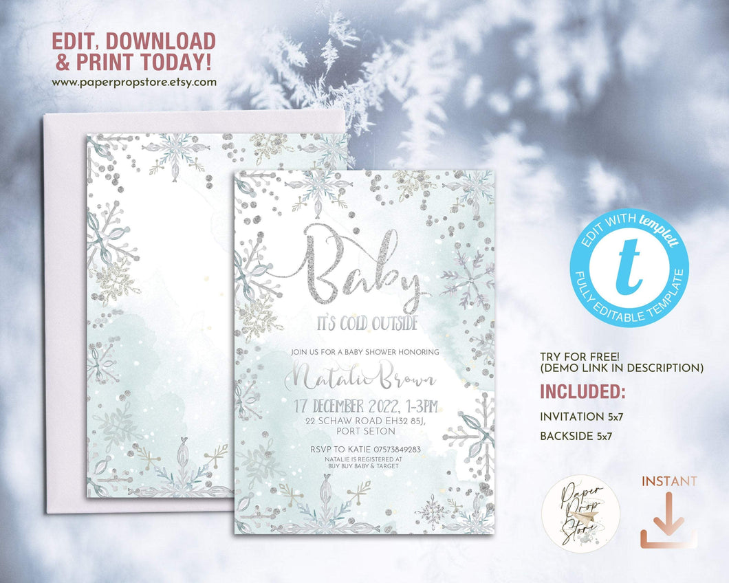 Baby it's Cold Little Snowflake Baby Shower Invitation in Silver