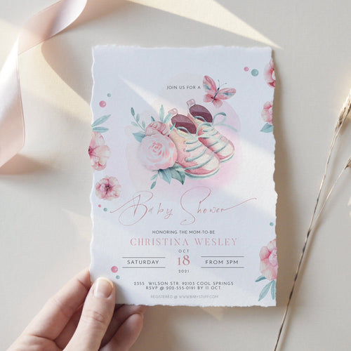 Baby Shoes & Butterfly Editable Girl Shower Invitation