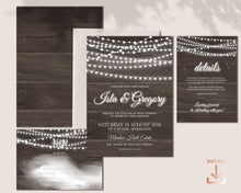 Load image into Gallery viewer, Barn Wood &amp; String Lights Rustic Wedding Invitation Suite
