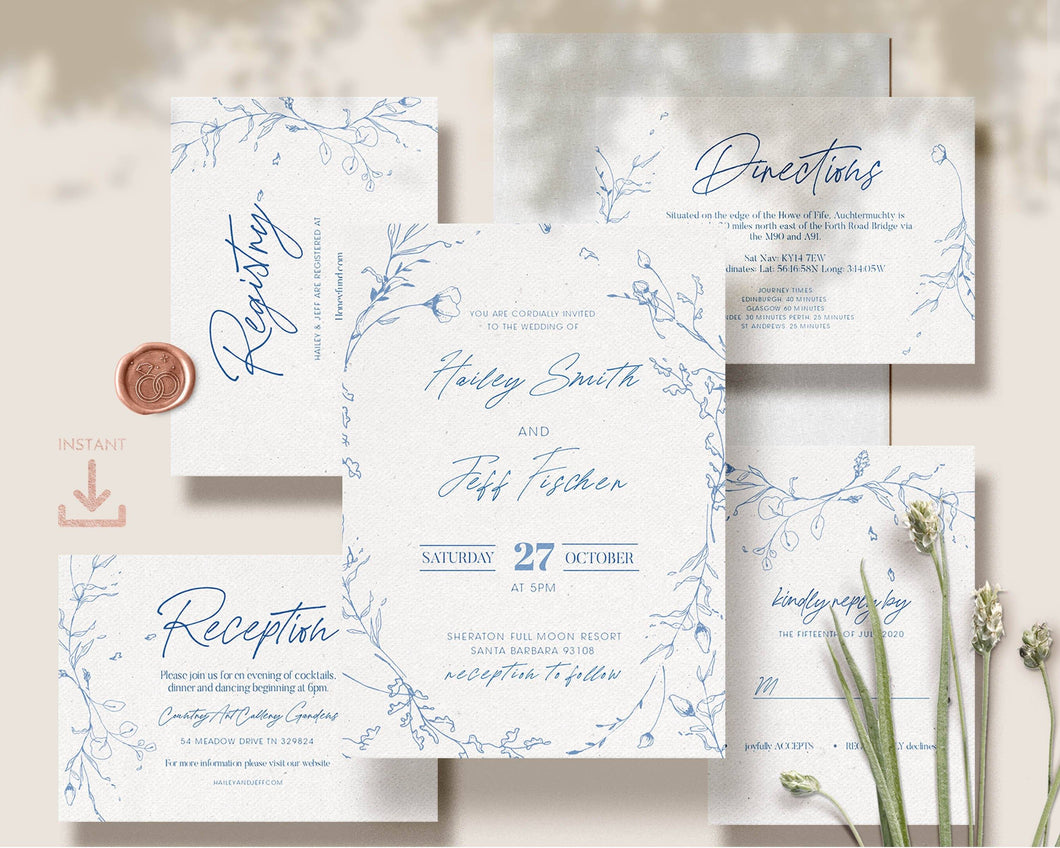 Blue floral Wedding Invitation Suite - NERISSA