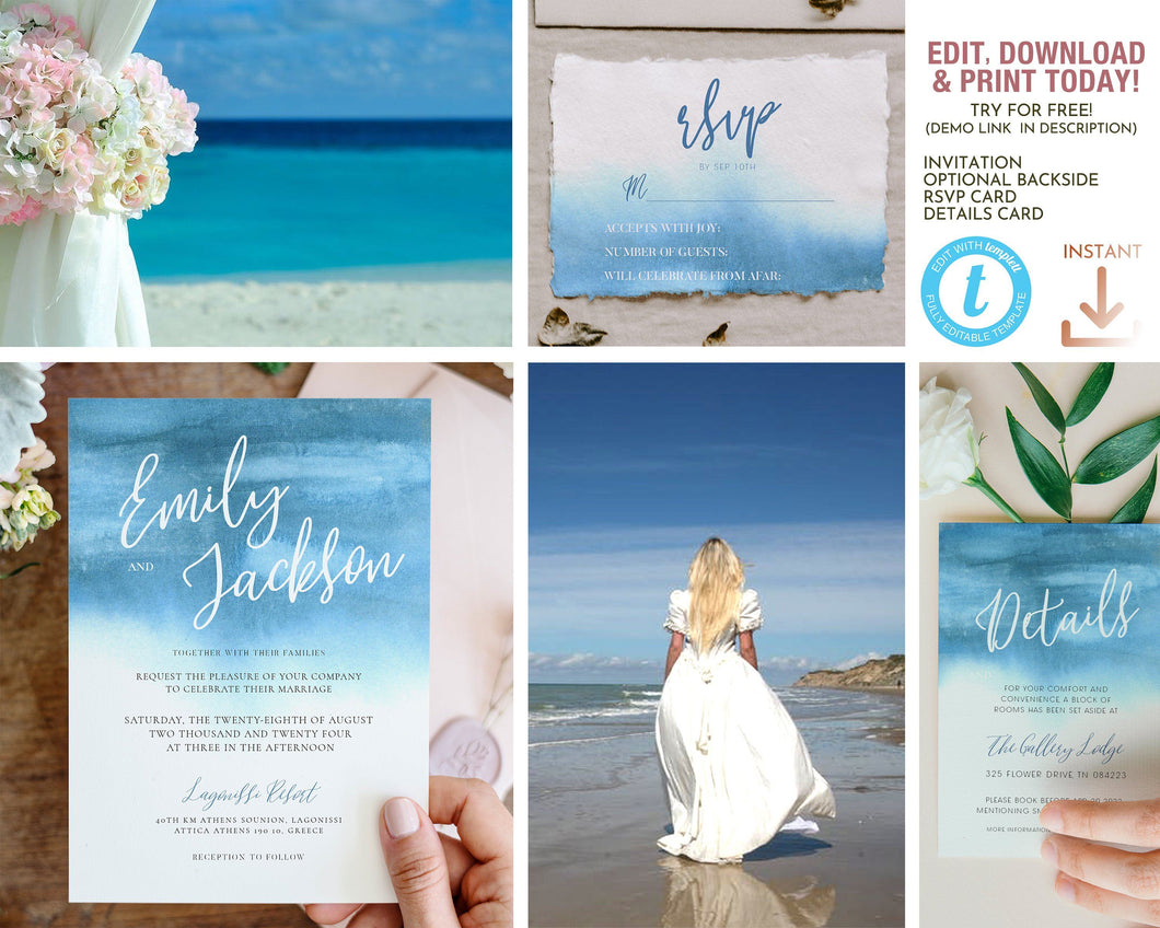 Blue Ocean Watercolor Wedding Invitation Suite - MARINA