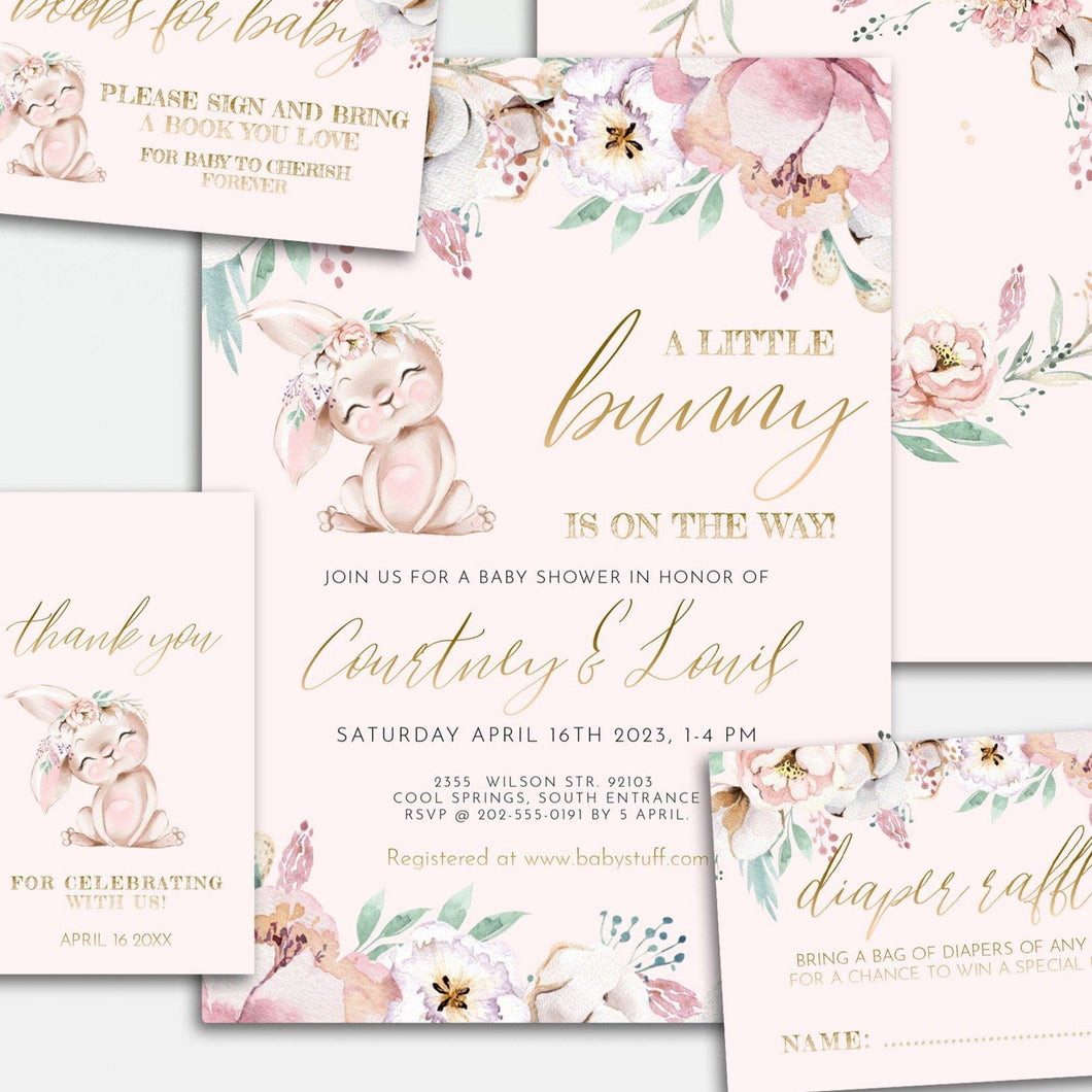 Blush Floral Bunny Baby Girl Shower Invitation Set