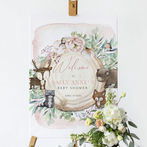 Blush Floral Woodland Baby Girl Shower Welcome Board