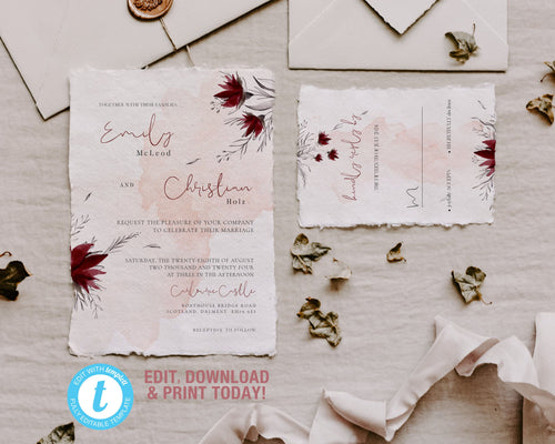 Blush Pink and Burgundy Botanical Wedding Invitation Suite - ROSALIE