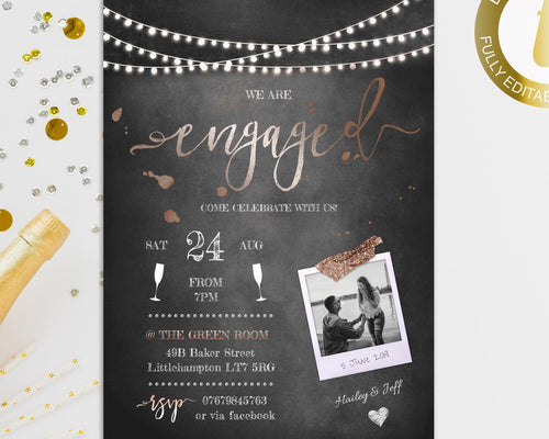 Chalkboard & String Lights Engagement Party Invitation