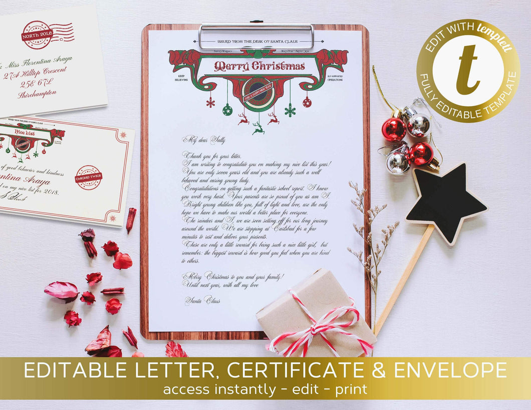 Christmas Letter from Santa Claus Official Editable North Pole Elf Certificate Printable Report Instant Download Templett Xmas Nice List Kit