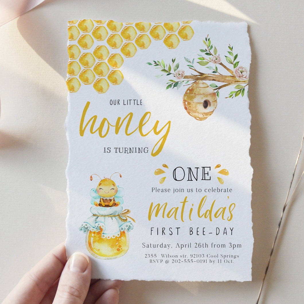 Cute Honey Bee First Birthday Invitation