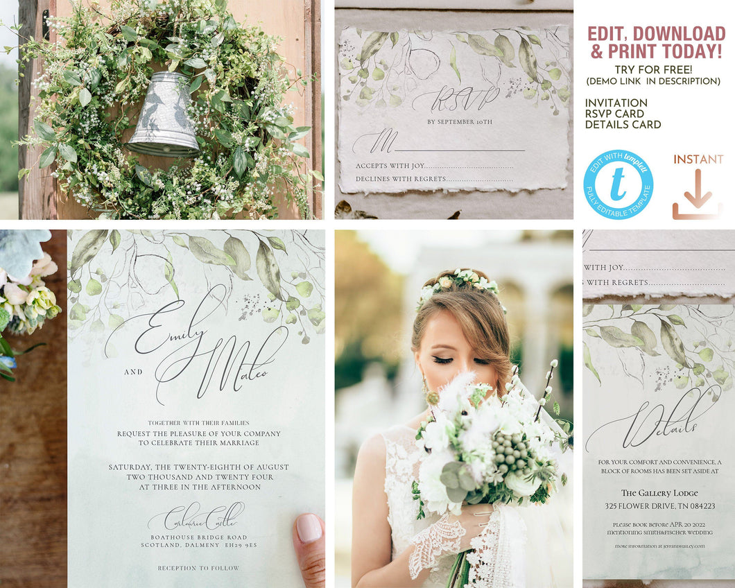Delicate Eucalyptus Olive Green and Silver Wedding Suite - CALLIE