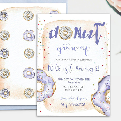 Donut Grow Up Birthday Invitation in Blue