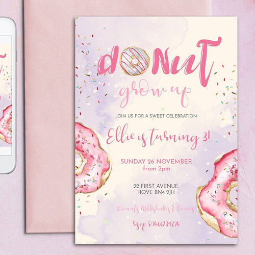 Donut Grow Up Birthday Invitation in Pink