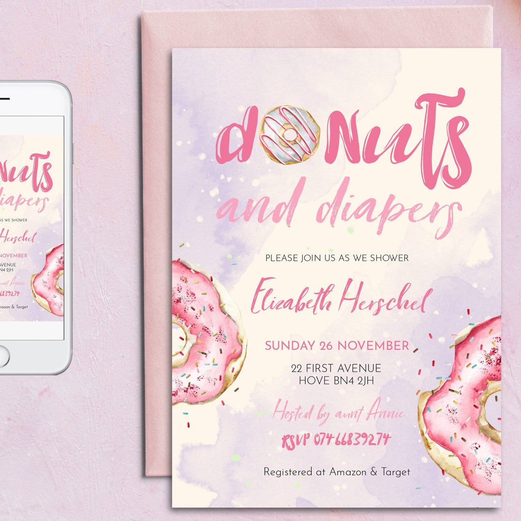 Donuts and Diapers Baby Girl Shower Invitation