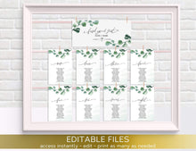 Load image into Gallery viewer, Editable DIY Hanging Cards seating plan, Printable Wedding Seating Chart template, Greenery Eucalyptus Elegant Reception Welcome Boho Chart
