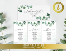 Load image into Gallery viewer, Editable DIY Hanging Cards seating plan, Printable Wedding Seating Chart template, Greenery Eucalyptus Elegant Reception Welcome Boho Chart
