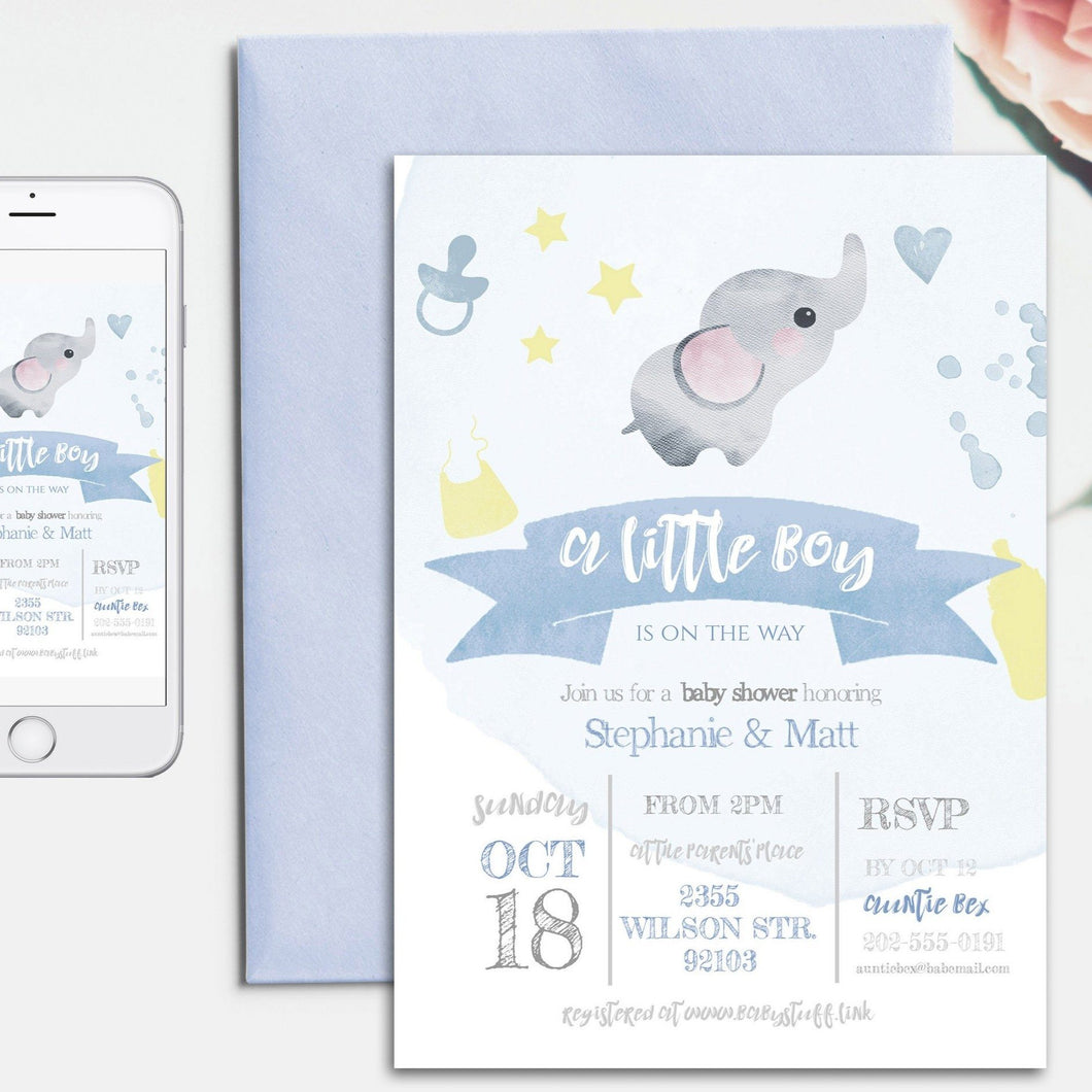 Elephant Baby Boy Shower Self Editing Invitation Template, Watercolor Printable Baby Elephant Instant Download Invite
