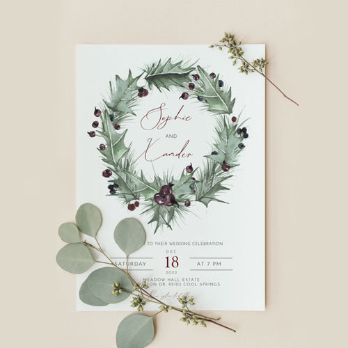 Evergreen Holly Berries Christmas Wedding Invitation - CAROL
