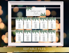 Load image into Gallery viewer, Evergreen Printable Seating Chart Template, Winter Wedding Rustic Pine Seating Cards, Editable DIY Hanging Cards plan, Evergreen Fir Welcome
