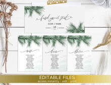 Load image into Gallery viewer, Evergreen Printable Seating Chart Template, Winter Wedding Rustic Pine Seating Cards, Editable DIY Hanging Cards plan, Evergreen Fir Welcome

