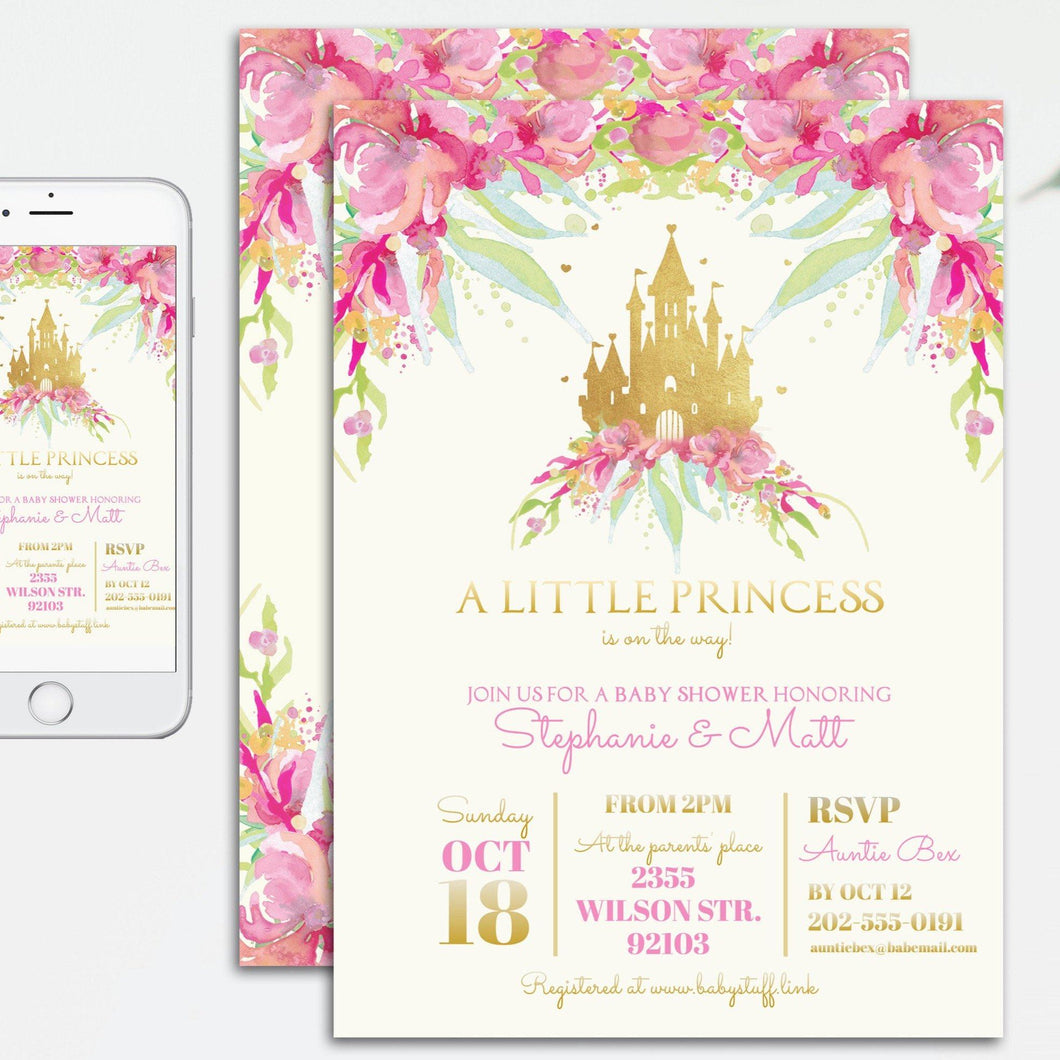 Fairytale Floral Castle Cinderella Baby Shower Invitation