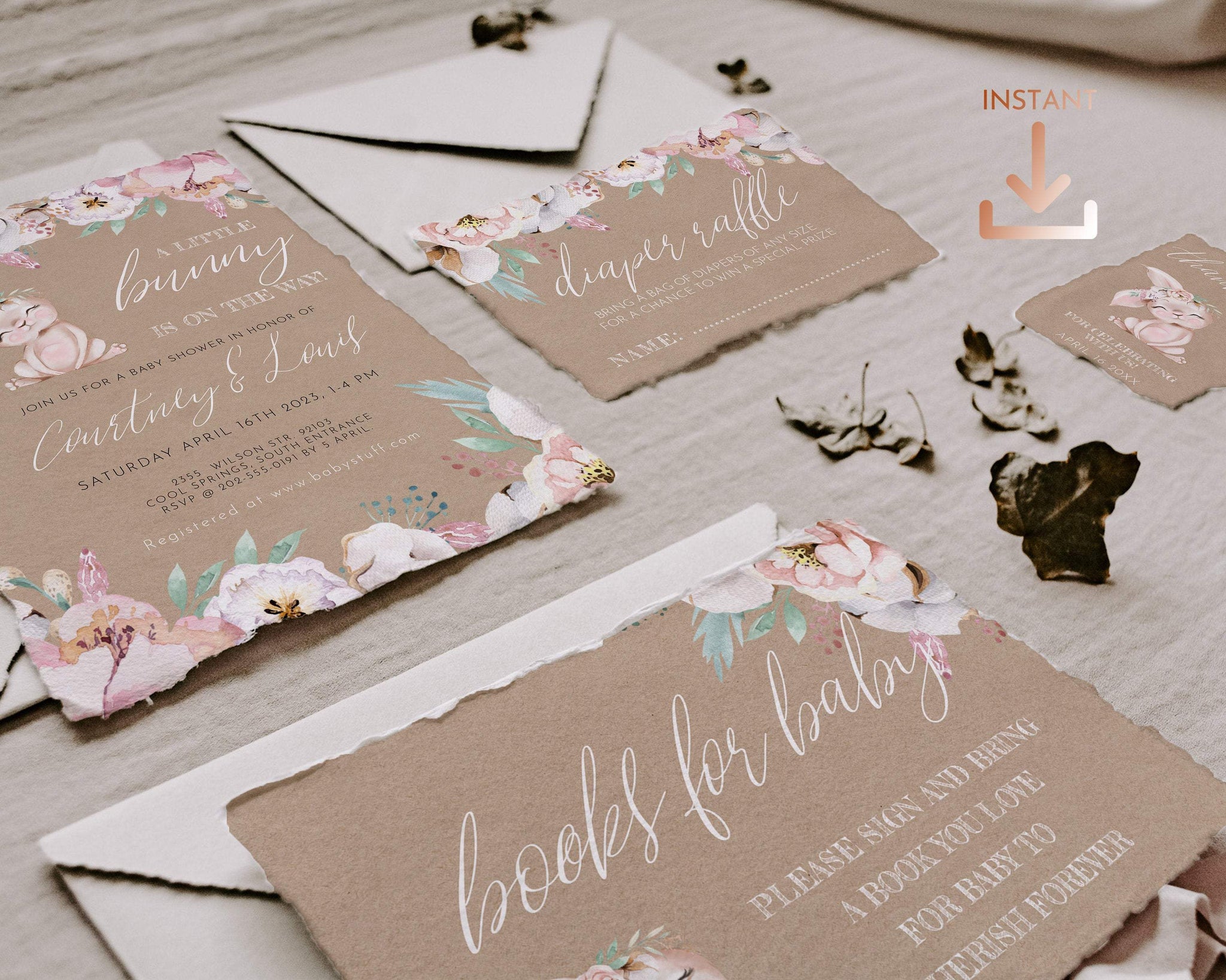 Editable Bunny Baby Shower Poster - Pink & Gold Floral Rabbit Sign For Baby Girl, Customizable