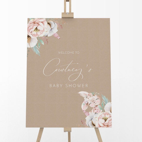 Floral Bunny Baby Girl Shower Welcome Board in Kraft Brown
