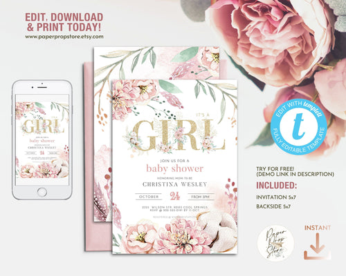 Floral Cotton Baby Girl Shower Invitation in Pink & Gold - EMMA