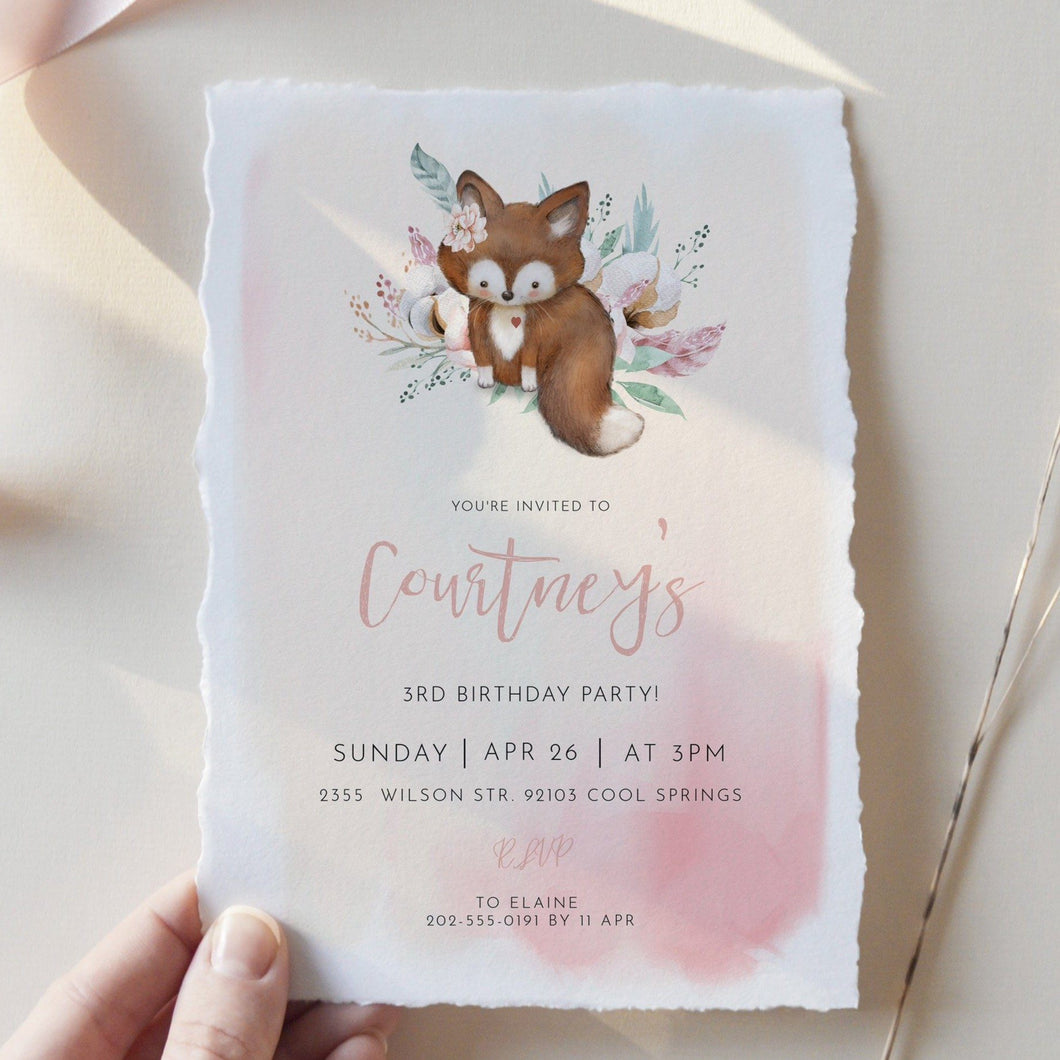 Fox Blush Pink Woodland Birthday Invitation