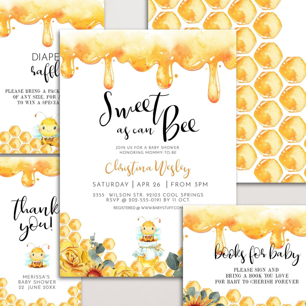 Honey Bee Editable Baby Shower Invitation Set