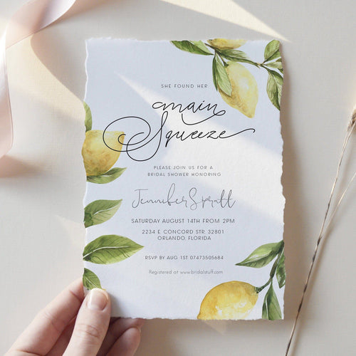 Lemon Citrus Greenery Bridal Shower Invitation Template, Her Main Squeeze Summer Shower Editable Printable Invite