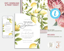Load image into Gallery viewer, Lemon Citrus Greenery Bridal Shower Invitation Template, Her Main Squeeze Summer Shower Editable Printable Invite
