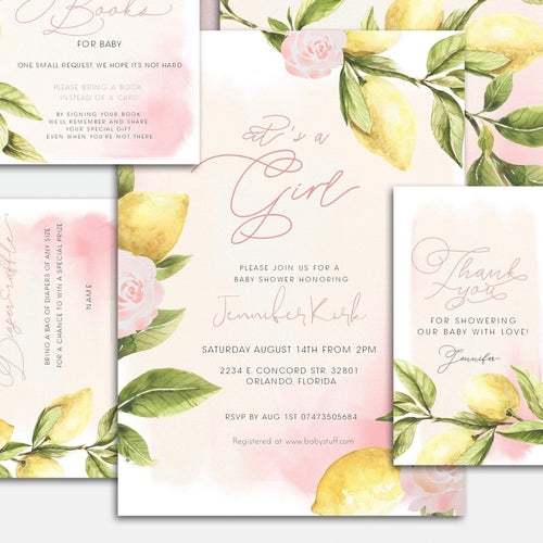 Lemon Greenery & Roses Baby Girl Shower Invitation Set in Pink