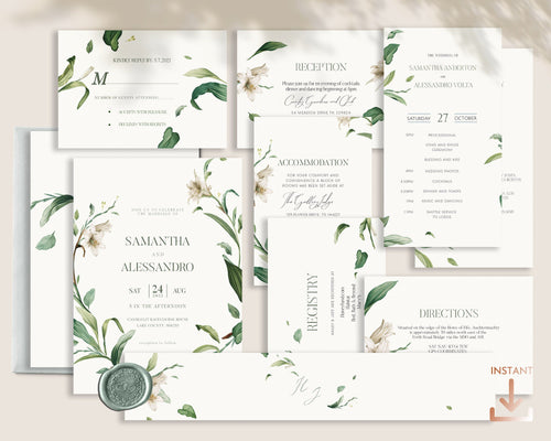 Lilies & Green Foliage Botanical Full Wedding Invitation Suite - OLIVIA