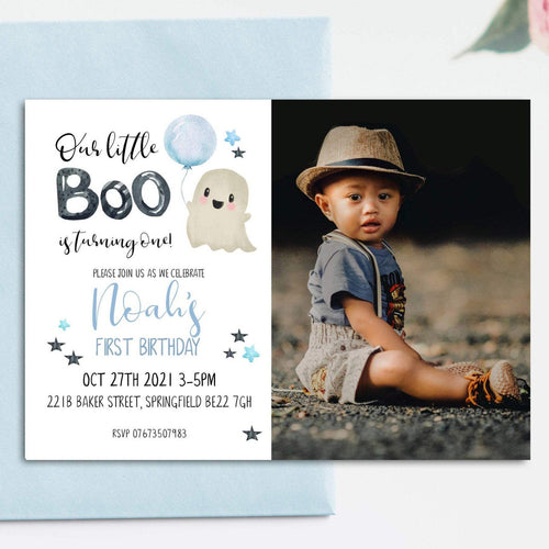 Little Boo Boy Cute Ghost Fall Birthday Photo Invitation
