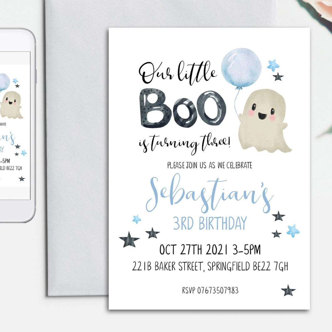 Little Boo Cute Blue Ghost Halloween Birthday Invitation