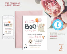 Load image into Gallery viewer, Little Boo Halloween Baby Shower Invitation, Cute Pink Ghost Girl Shower Editable Template

