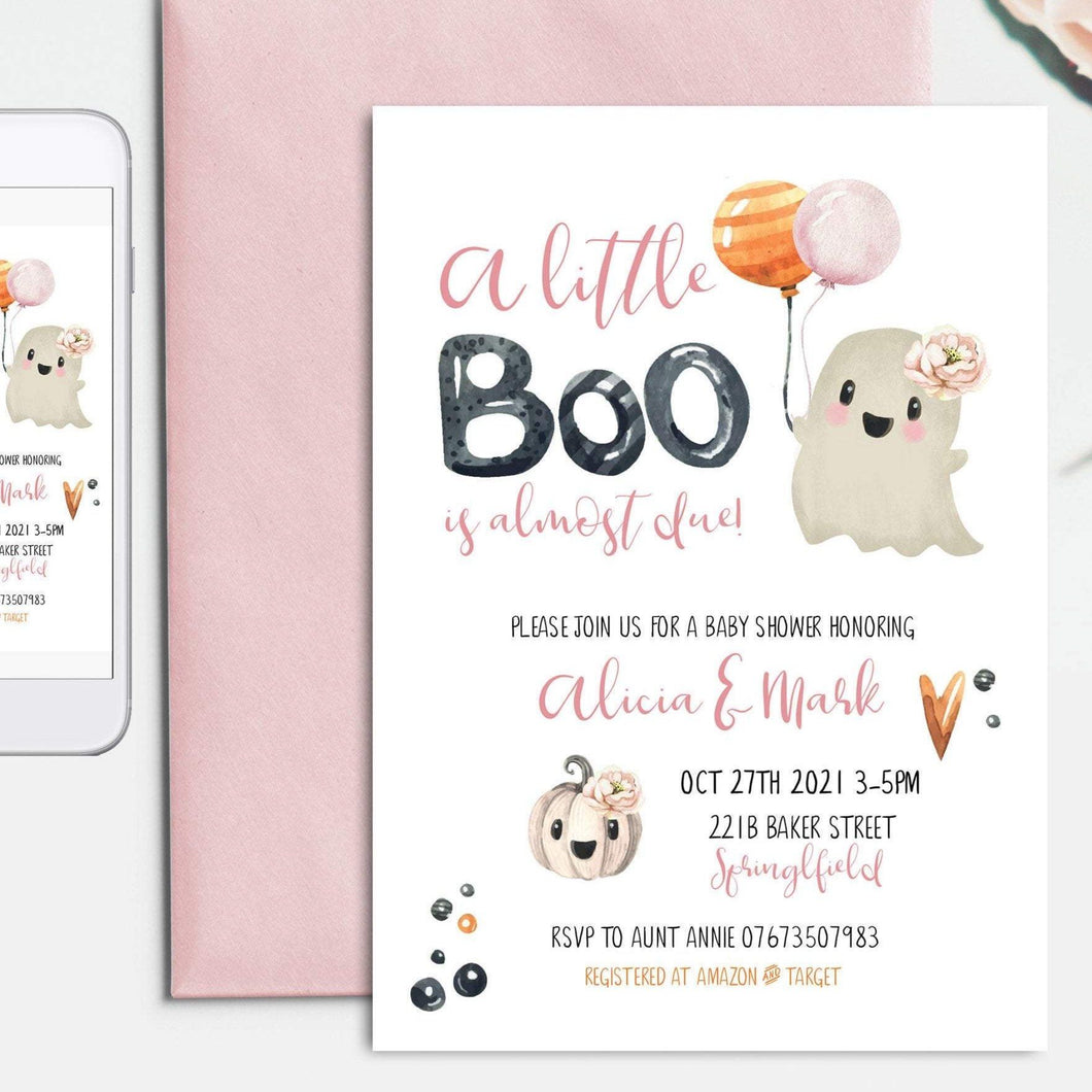 Little Boo Halloween Baby Shower Invitation, Cute Pink Ghost Girl Shower Editable Template