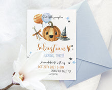 Load image into Gallery viewer, Little Pumpkin Fall Birthday Invitation in Blue
