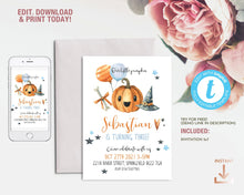 Load image into Gallery viewer, Little Pumpkin Fall Birthday Invitation in Blue
