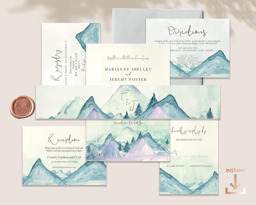 Mountain Escape Boho Watercolor Full Wedding Suite - AUDREY
