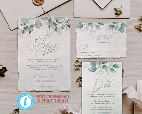 Muted Green Eucalyptus & Silver Full Wedding Stationery Suite - APRIL
