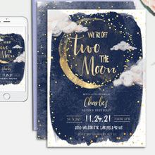 Load image into Gallery viewer, Off Two the Moon Second Birthday Invitation in Gold and Navy
