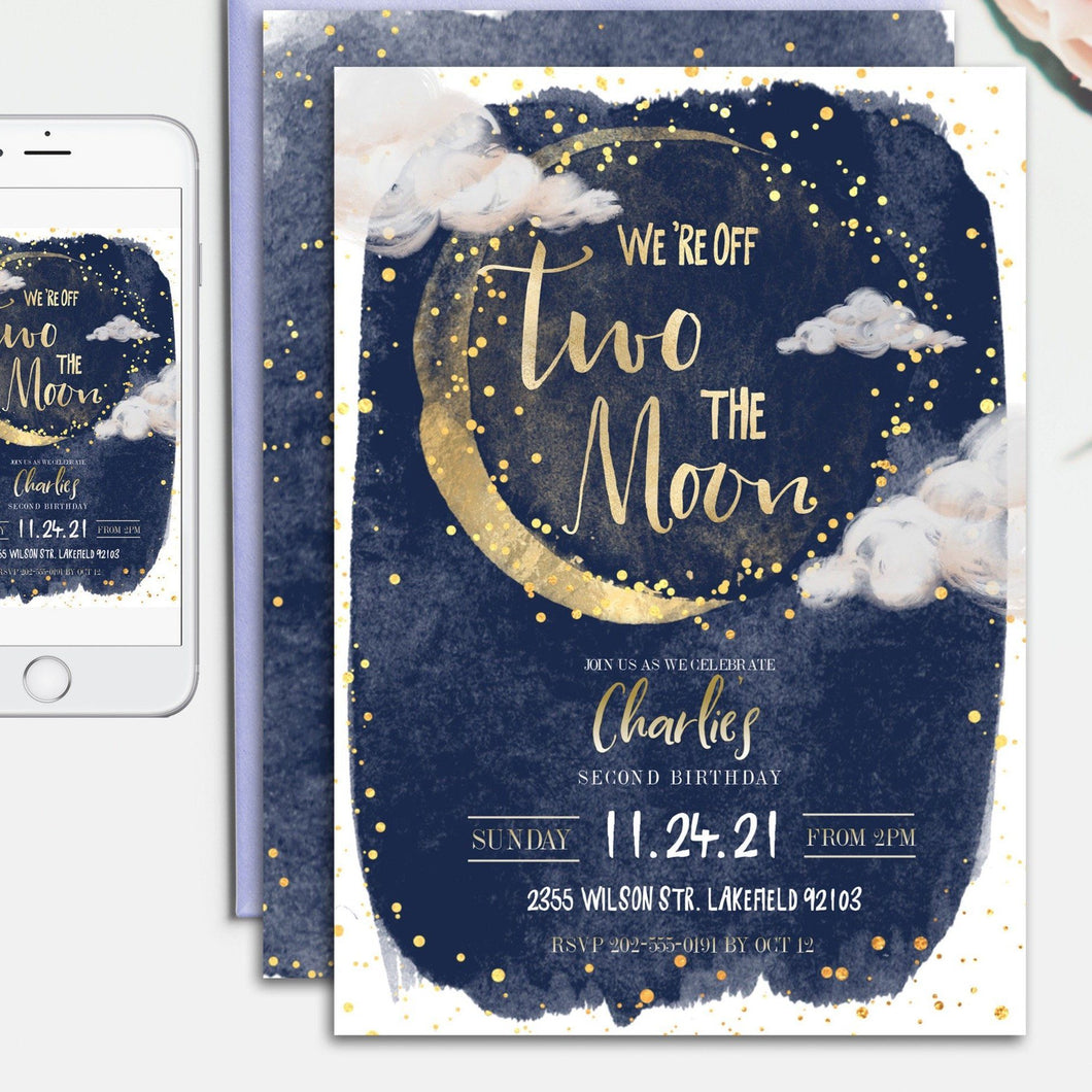 Off Two the Moon Second Birthday Invitation in Gold and Navy