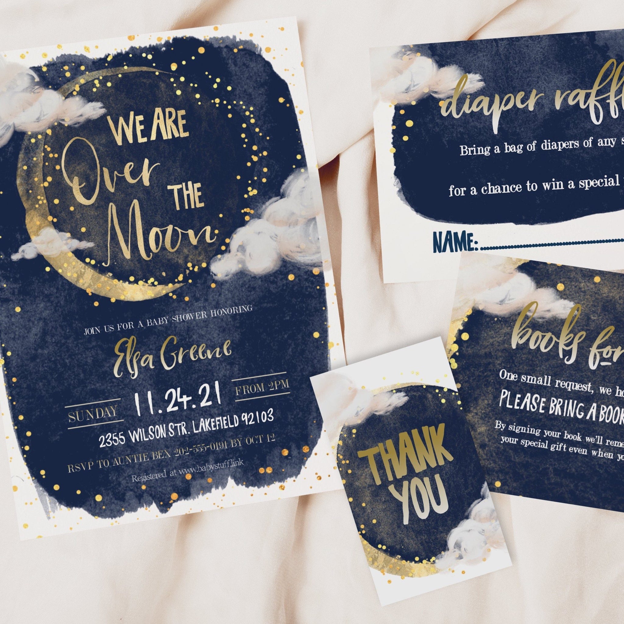 Over the Moon Baby Shower Invitation Set in Navy Gold – PaperPropsUK