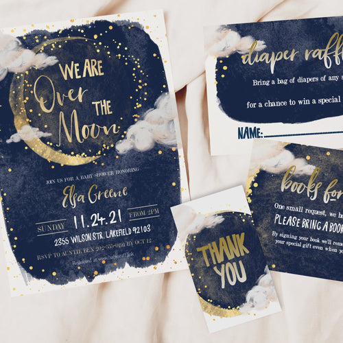 Over the Moon Baby Shower Invitation Set in Navy & Gold