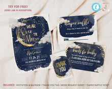 Load image into Gallery viewer, Over the Moon Baby Shower Invitation Set in Navy &amp; Gold
