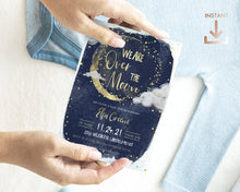 Load image into Gallery viewer, Over the Moon Baby Shower Invitation Set in Navy &amp; Gold
