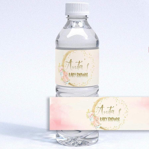 Over the Moon Blush & Gold Floral Water Bottle Label