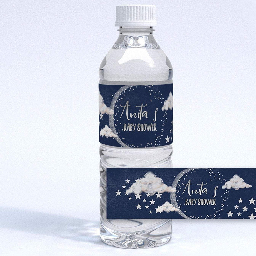 Over the Moon Navy Blue and Silver Starry Night Water Bottle Label Editable Template, Moon and Stars Shower, Birthday, Printable Download