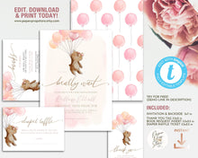 Load image into Gallery viewer, Pink Teddy Bear &amp; Balloons Baby Shower Invitation Set
