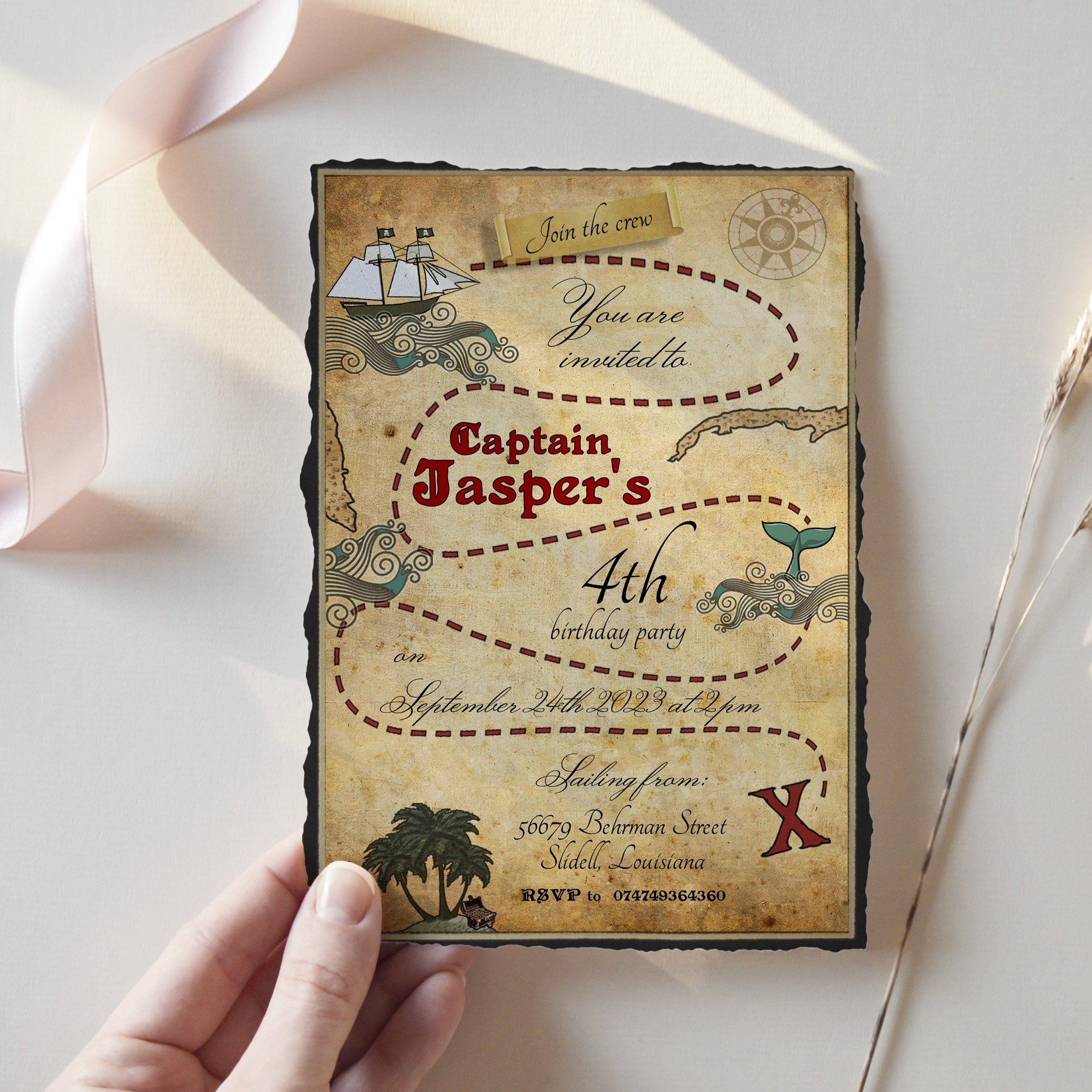 Pirate Map Treasure Hunt Birthday Invitation – PaperPropsUK