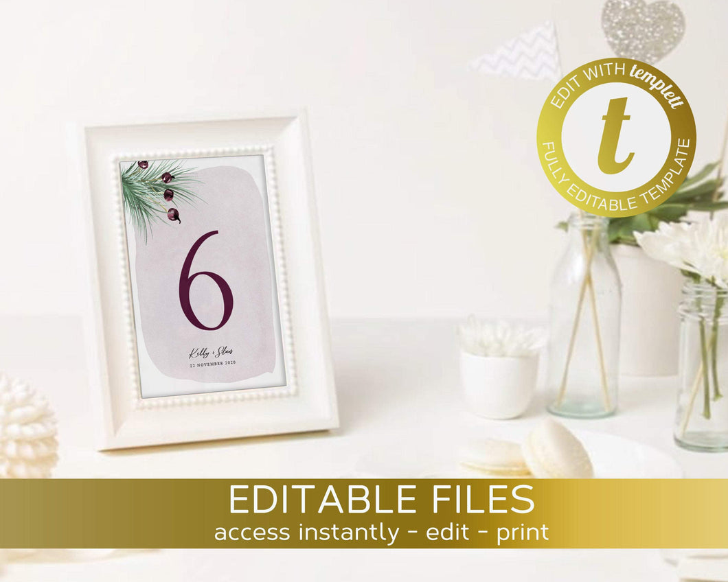 Printable Christmas Wedding Table Number, Holly Editable Greenery Cards, Instant Download, Winter Reception Holiday Table Numbers Template